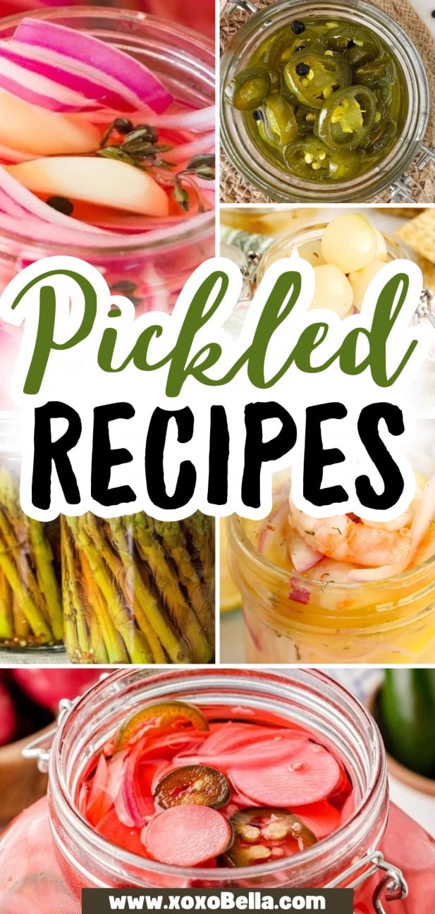 Collage of assorted pickled vegetables in jars, including onions, jalapeños, asparagus, and radishes—perfect inspiration for your next pickled recipes.