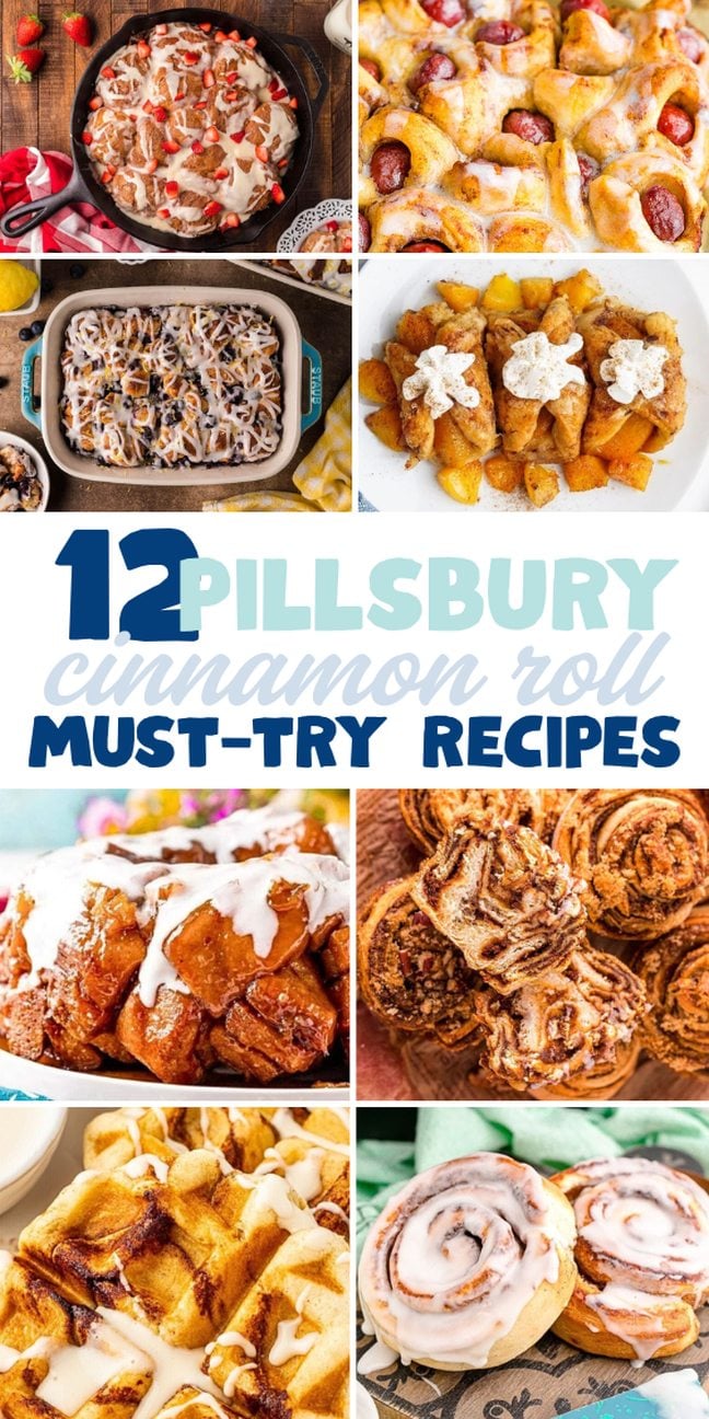 A collage of various baked cinnamon roll dishes.