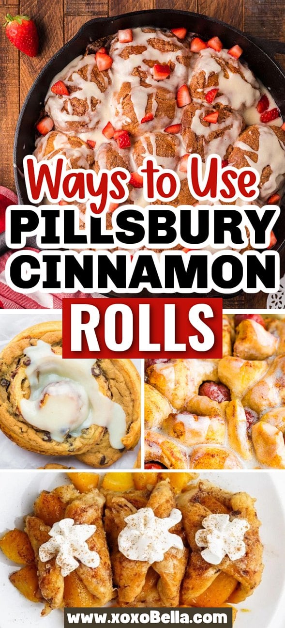 Collage of creative Pillsbury cinnamon roll recipes, featuring baked desserts with icing and fruit toppings.