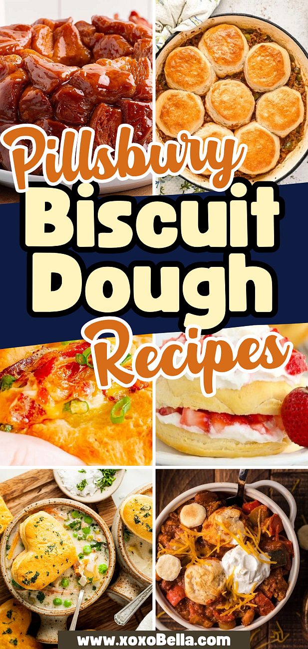 Collage of dishes made with Pillsbury biscuit dough, featuring creative biscuit recipes like casseroles, shortcake, and classic biscuits.