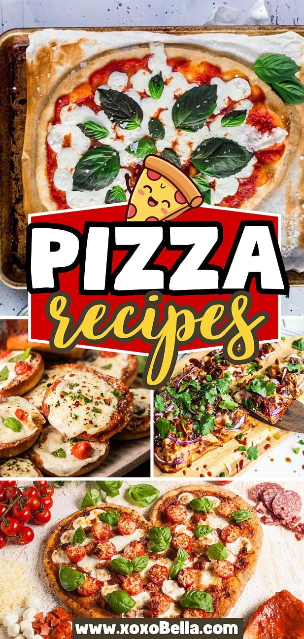 Collage of four homemade pizzas with various toppings, showcasing delicious pizza recipes.