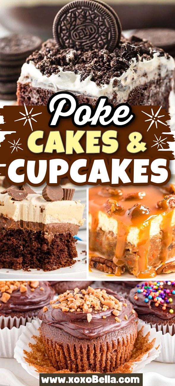 Assorted chocolate cakes, poke cake, cupcakes, and brownies with rich toppings and sprinkles on a decorative background.