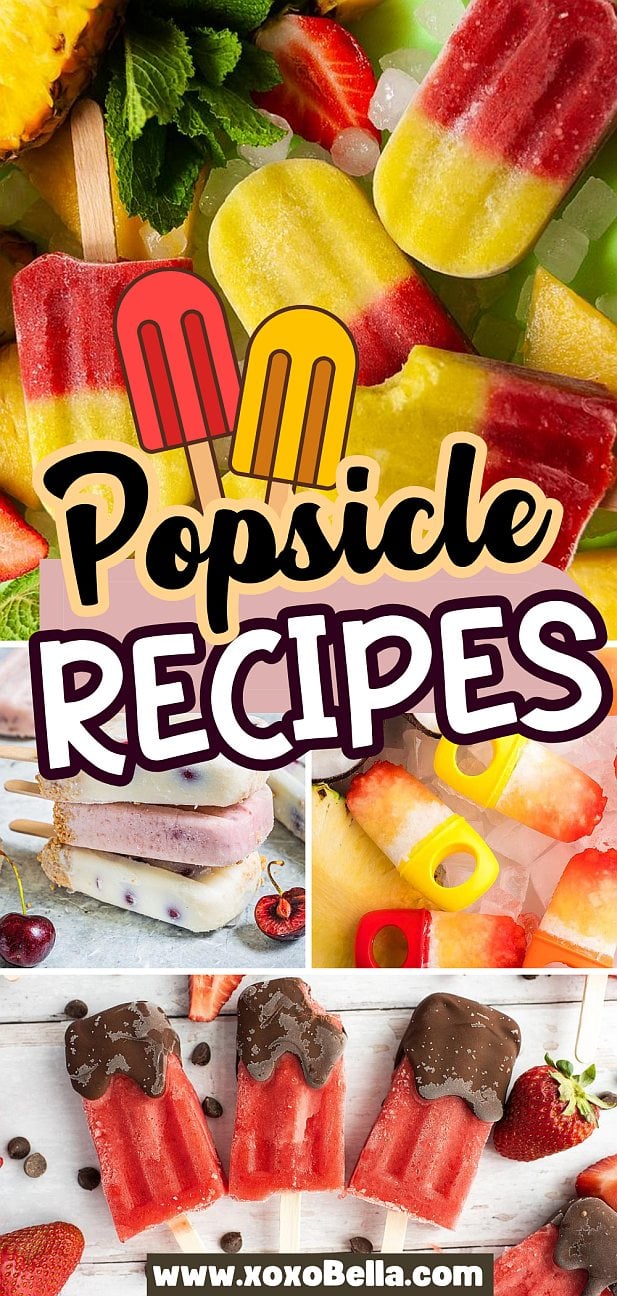 Colorful assorted popsicles, including some dipped in chocolate, displayed on ice and a wooden surface with fresh fruit—perfect inspiration for new popsicle recipes.
