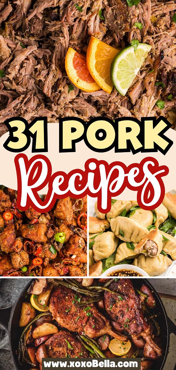 Collage of pork recipes, featuring shredded pork, dumplings, roasted meat, and skillet pork with potatoes.