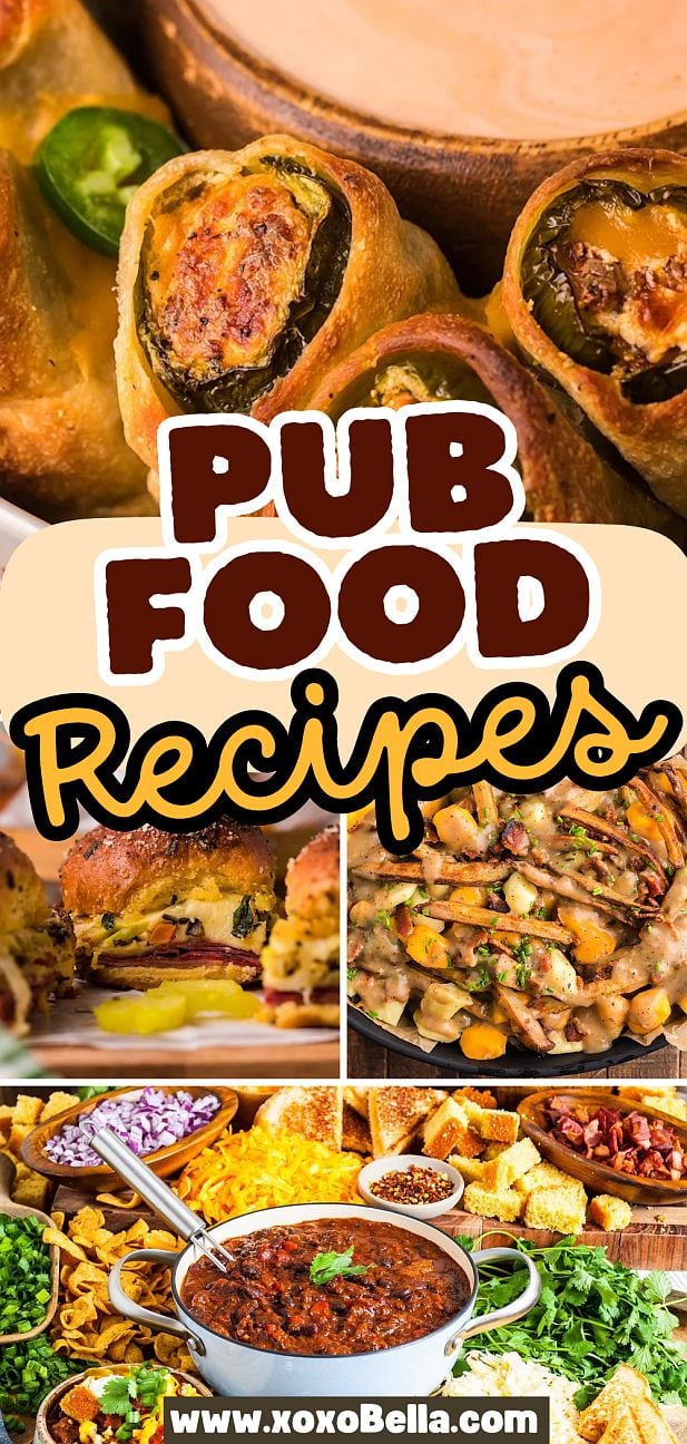 Collage of appetizing pub food dishes, featuring stuffed peppers, cheesy fries, chili, and dipping sauce—perfect inspiration for your next pub food recipes.