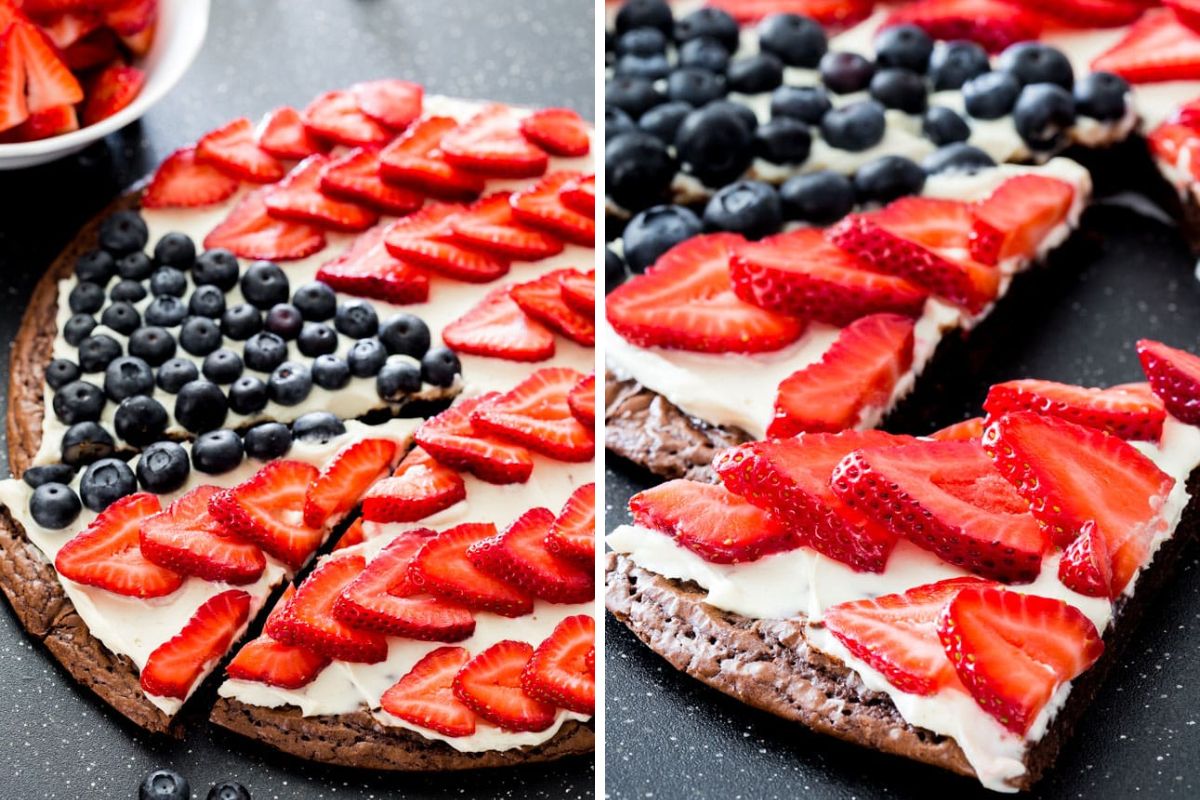 Two patriotic desserts made on chocolate crusts with a cream cheese layer, topped with fresh strawberries and blueberries, displayed side by side. One slice is missing from each fruit pizza.