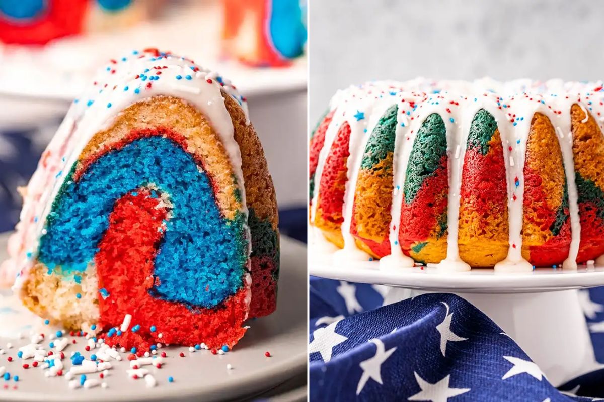 Two images showcasing a patriotic dessert: a Bundt cake with red, white, and blue swirled layers, topped with white icing and sprinkles. The cake is displayed on a stand with a star-patterned cloth underneath.