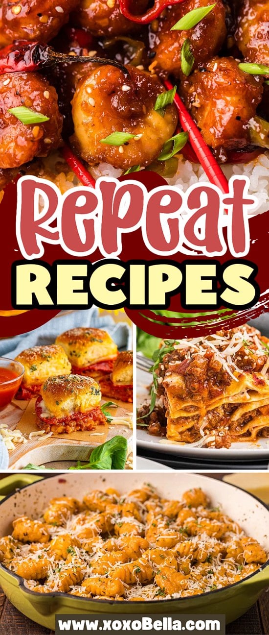 Close-up of various delicious pasta and chicken dishes, highlighting their flavors—perfect for discovering your next repeat recipes.