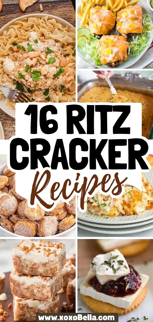 Collage of dishes made with Ritz crackers, from casseroles to desserts and appetizers, showcasing creative ritz cracker recipes for any occasion.