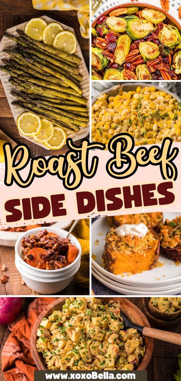 A collage of classic roast beef sides, including veggies, corn, sweet potatoes, and pasta salad.