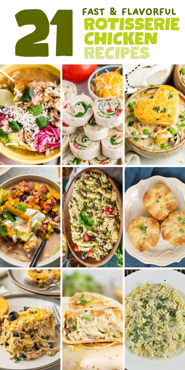 A collage of delicious rotisserie chicken dishes showcases creative ways to enjoy easy rotisserie chicken recipes.