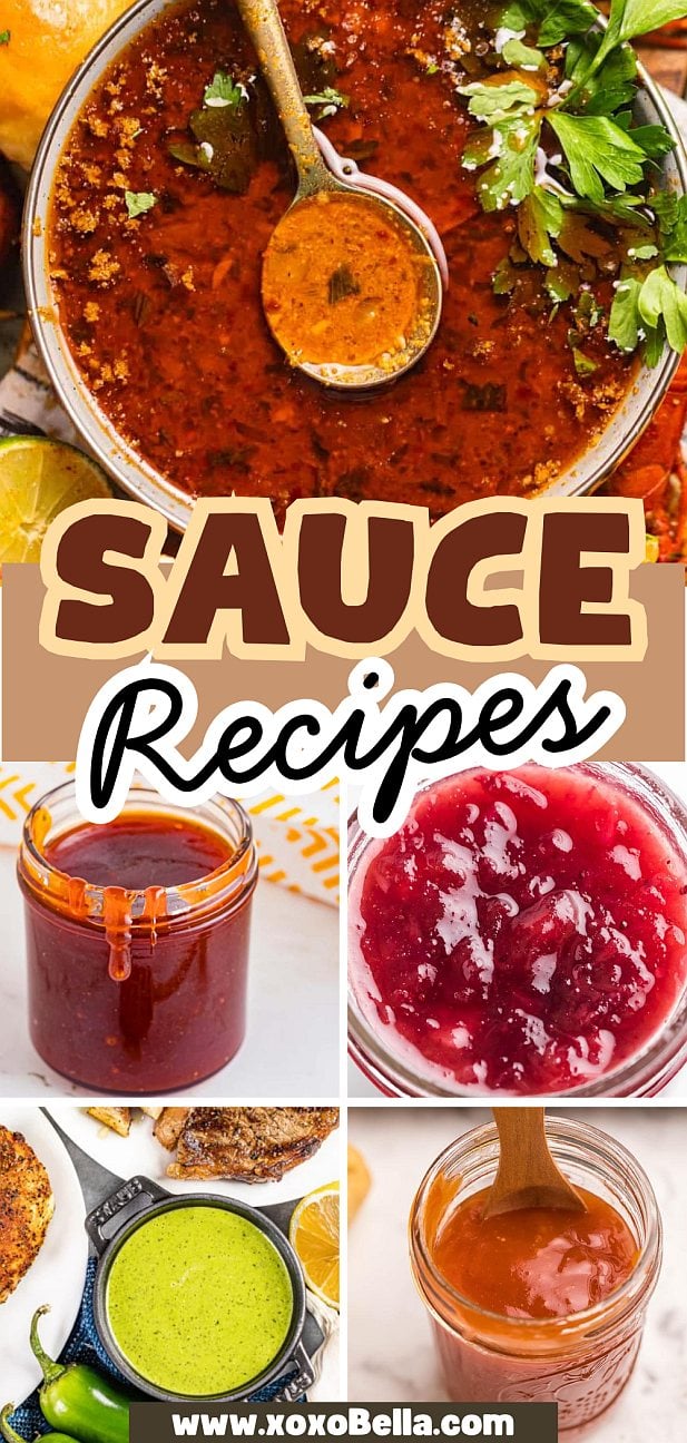 A collage of various colorful sauces in bowls and jars, showcasing a delightful variety of sauce recipes to inspire your next meal.