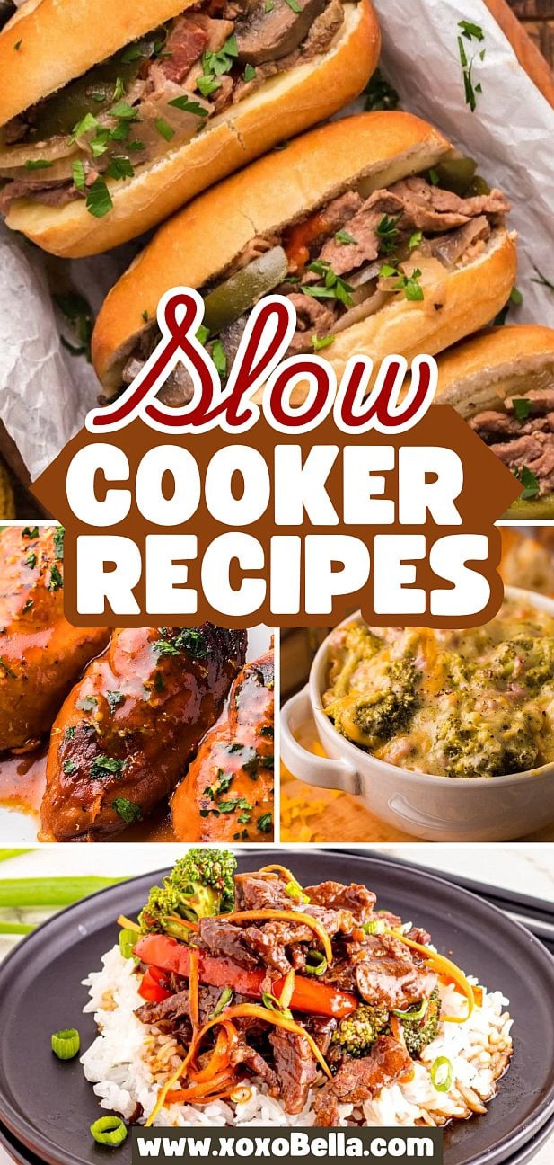 A collage of slow cooker recipes, featuring sandwiches, chicken, broccoli casserole, and beef stir-fry served over rice.