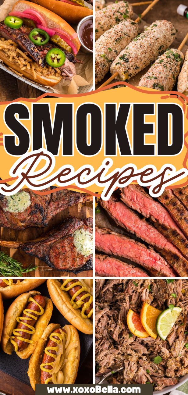 Collage of smoked recipes, featuring steak, sausages, skewers, pulled meat, and hot dogs.