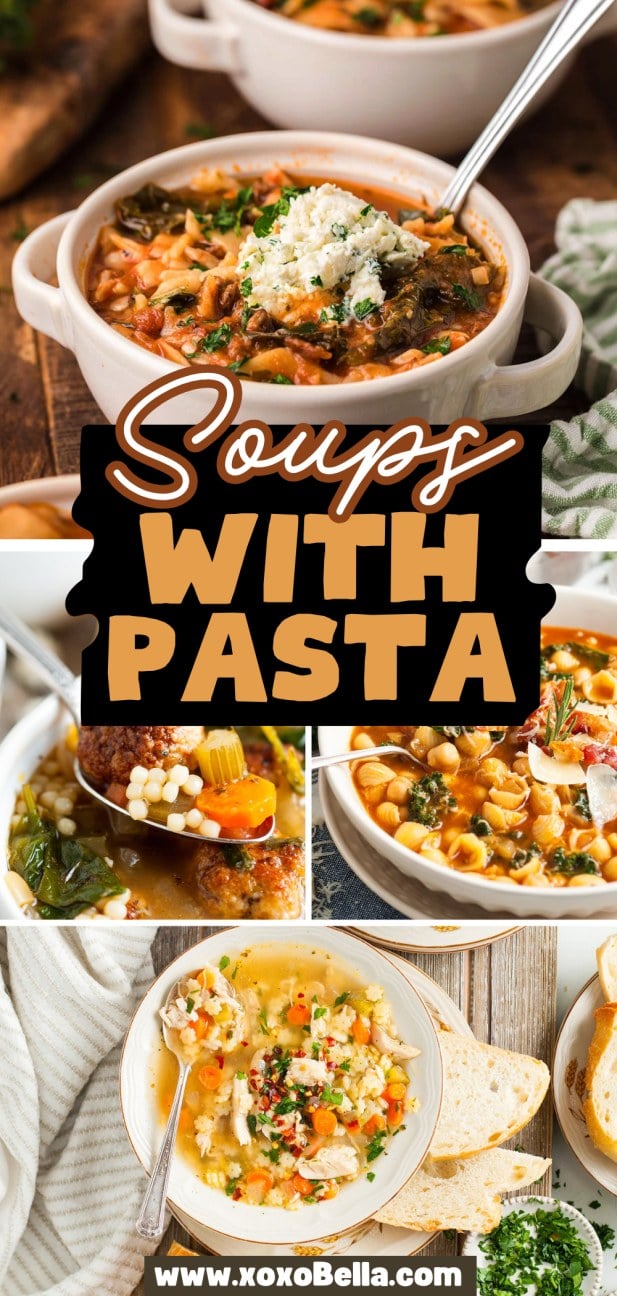 A collage of various soups with pasta in bowls, topped with cheese and herbs.