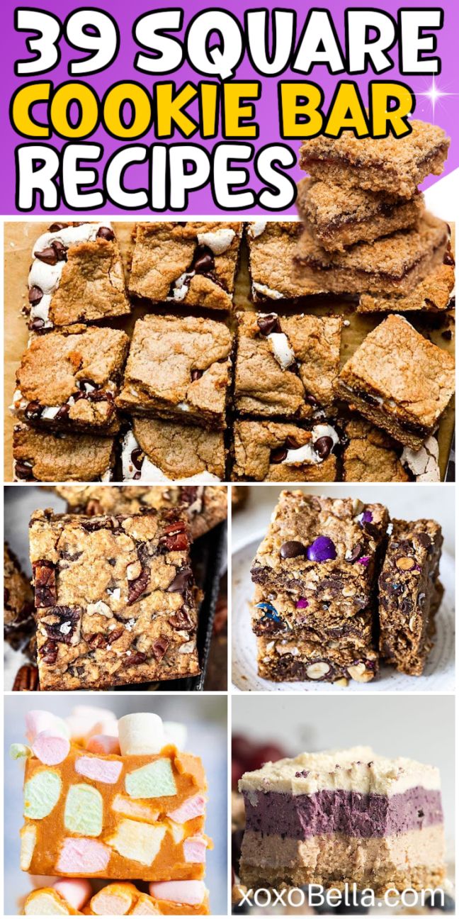 A selection of square cookie bar recipes featuring chocolate, fruit, and caramel options, all cut into shareable pieces.
