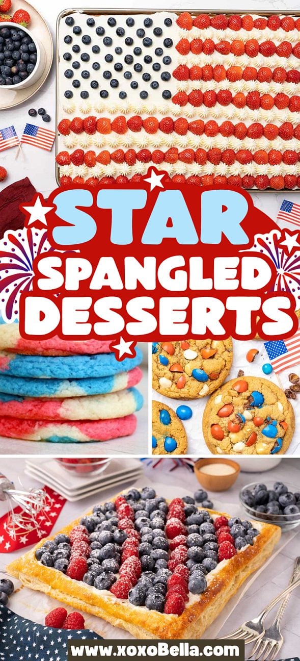 A collage of Patriotic Desserts featuring red, white, and blue fruits, festive cookies, and creative American flag designs.