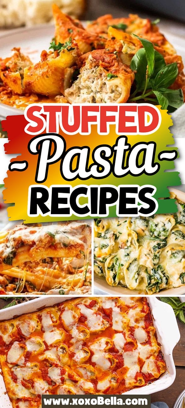 A collage of stuffed pasta dishes, like lasagna and pasta rolls, highlights the best stuffed pasta recipes with vibrant flavors and textures.