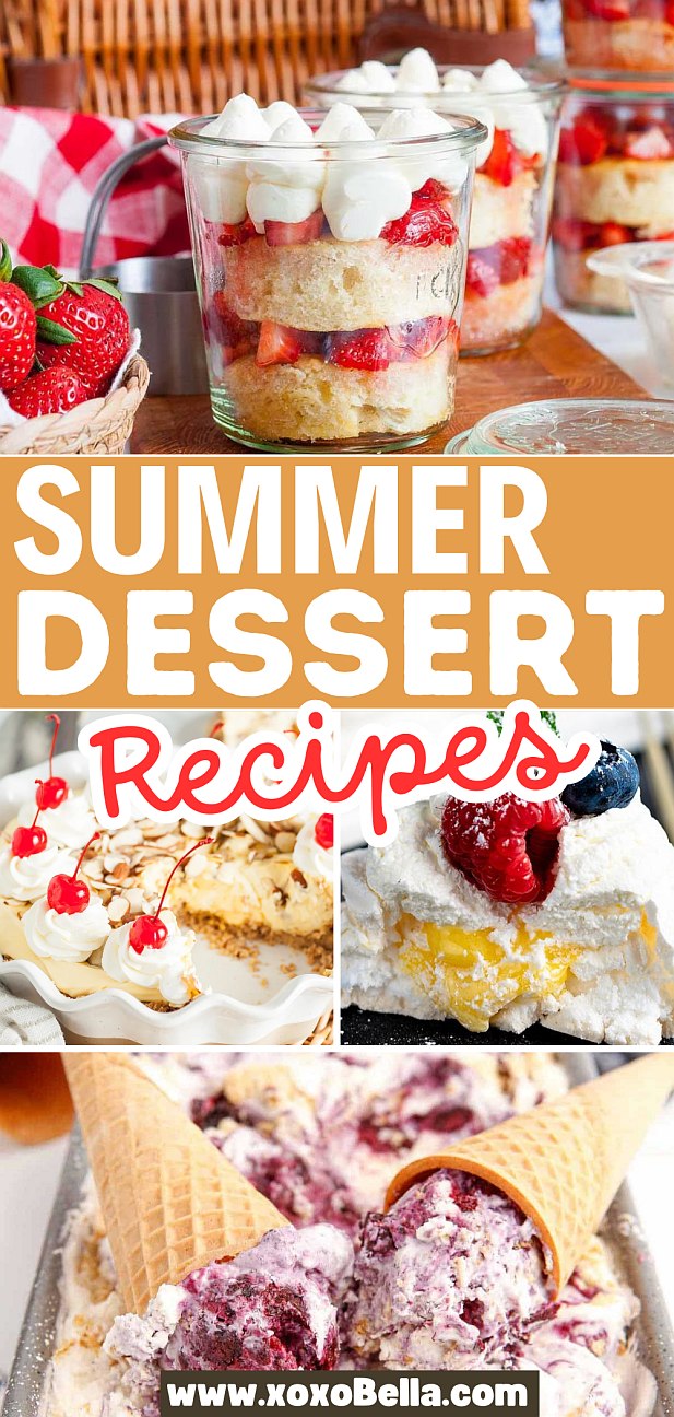 Four summer dessert recipes: strawberry shortcake, cherry cheesecake, berry parfait, and ice cream cones topped with fresh fruit.