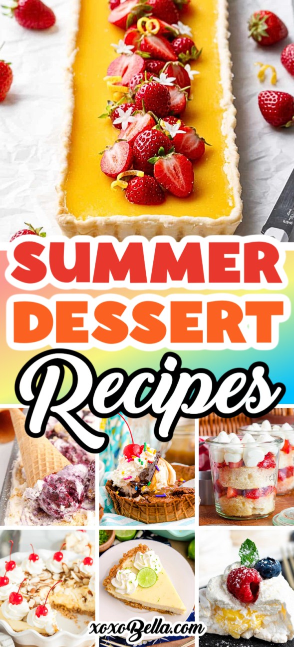 A collage of colorful summer desserts, featuring tarts, cakes, ice cream, and parfaits with fresh fruit—perfect inspiration for your next summer dessert recipes.