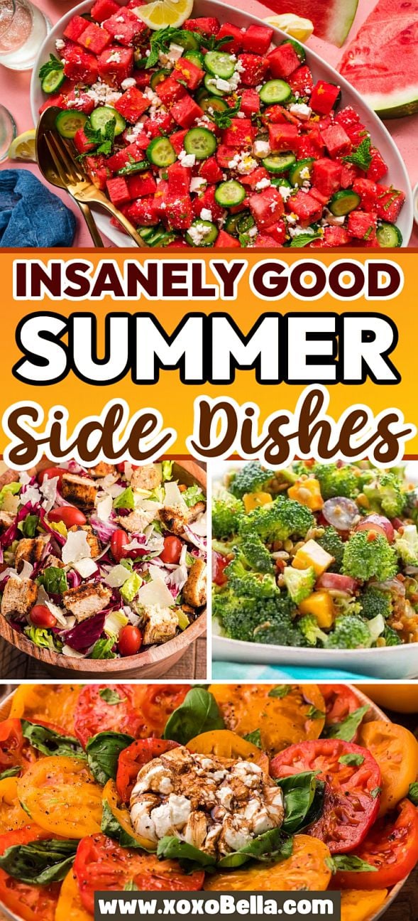 A vibrant collage of summer side dishes featuring salads with watermelon, fresh greens, broccoli, and juicy tomatoes.