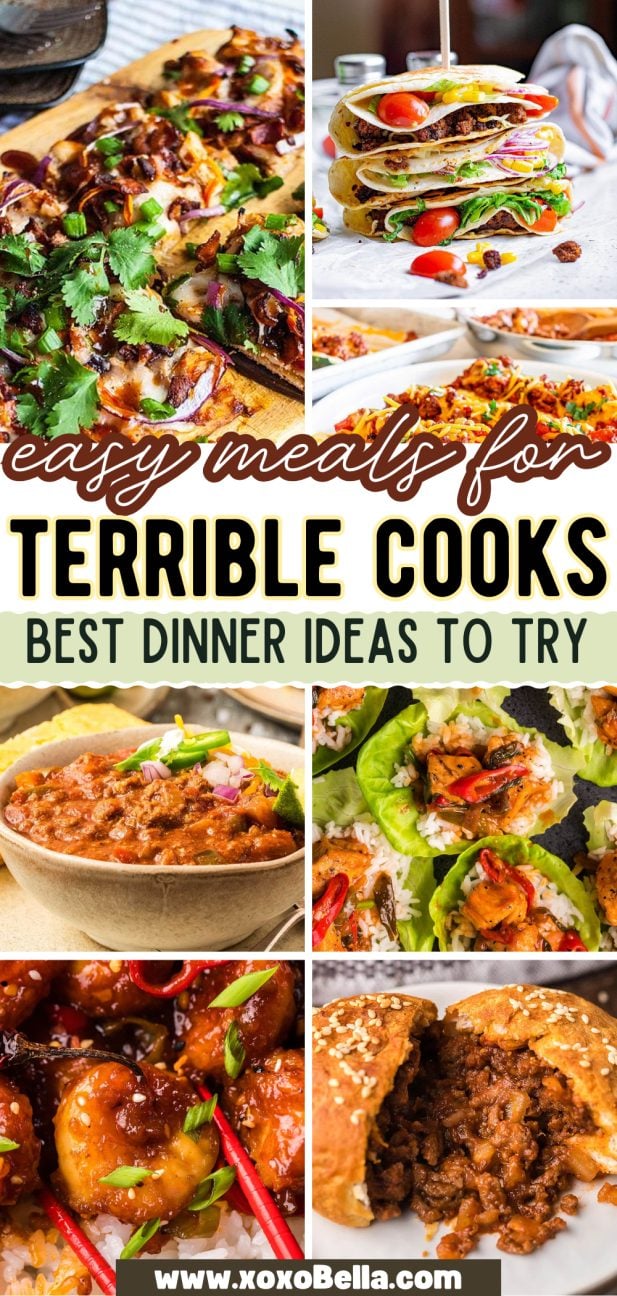 A collage of six easy dinner meals—perfect for terrible cooks—including pizza, tacos, chili, lettuce wraps, meatballs, and stuffed bread.