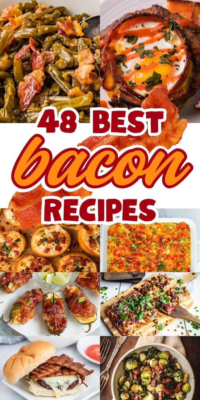 Collage of various bacon dishes highlighting mouthwatering bacon recipes for every occasion.