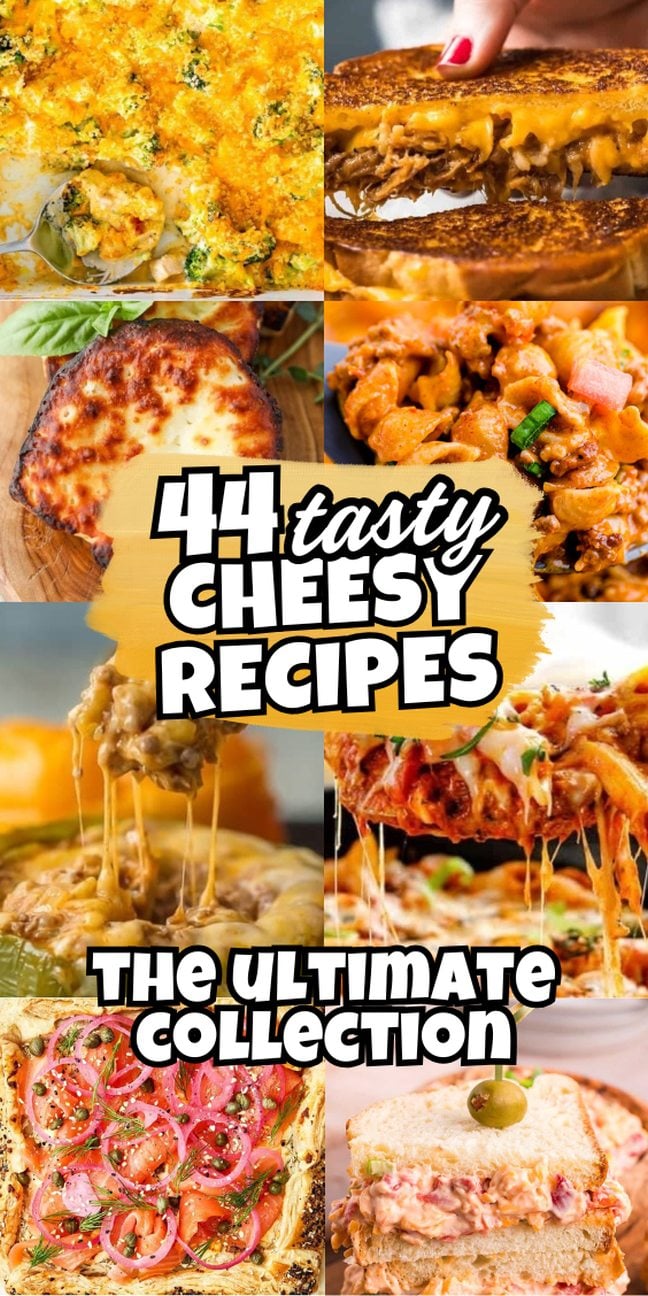 A collage of various cheesy dishes that celebrates irresistible cheesy recipes for every craving.