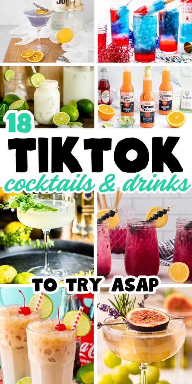 A collage of colorful tiktok cocktails and drinks.