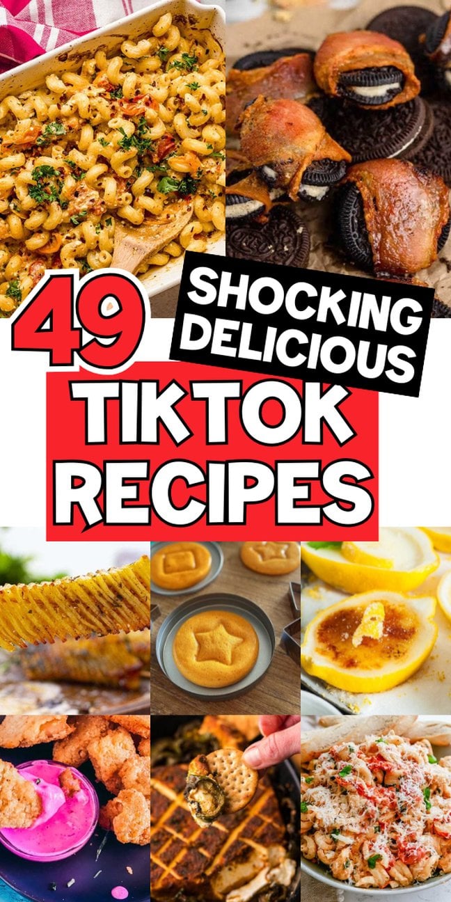 Collage of trendy TikTok recipes including pasta, bacon-wrapped Oreos, and other colorful dishes inspired by viral tiktok recipes.