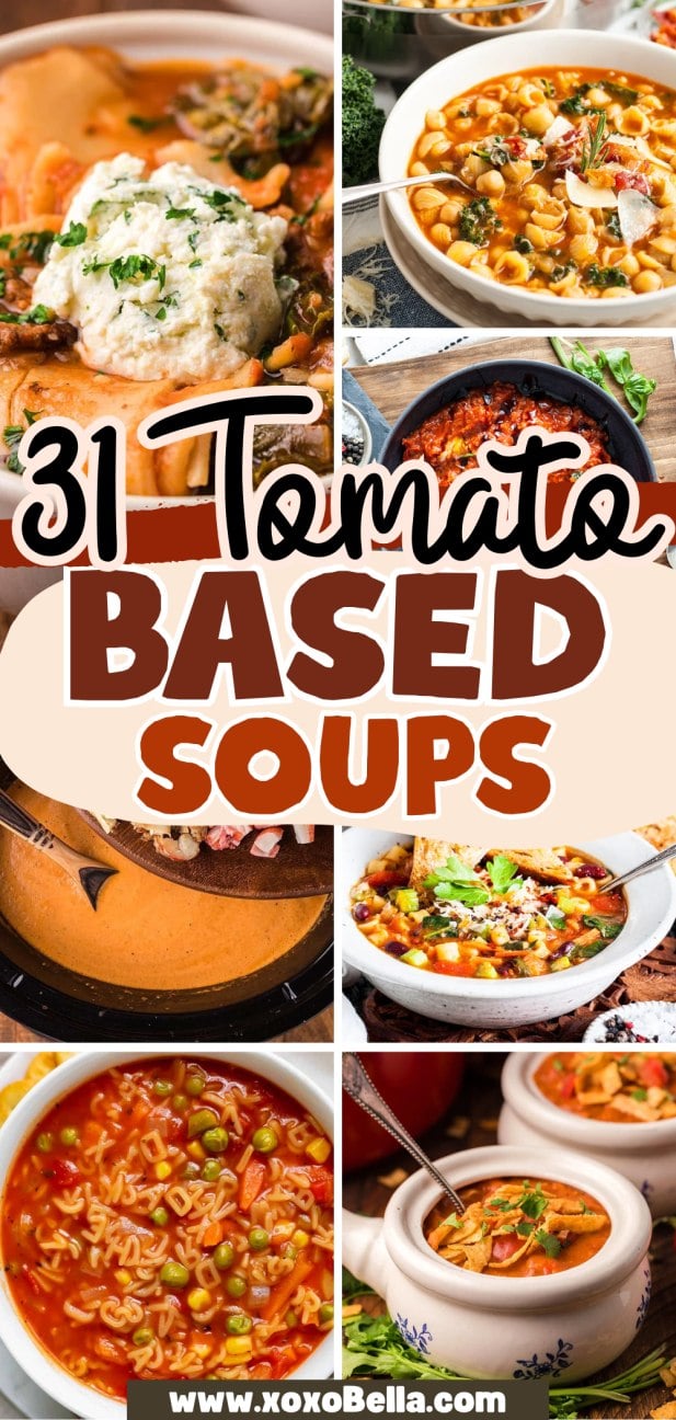 Collage of various tomato based soup recipes in bowls.