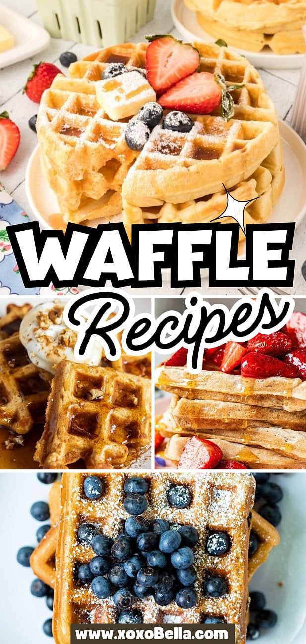 A collage of waffles topped with berries, whipped cream, and syrup, to inspire your next delicious waffle recipes.