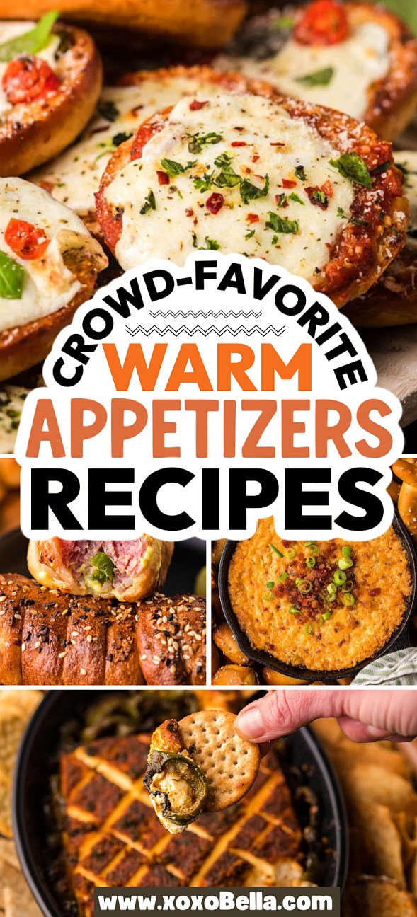 A collage of crowd-favorite warm appetizers, featuring delicious cheesy baked bites.