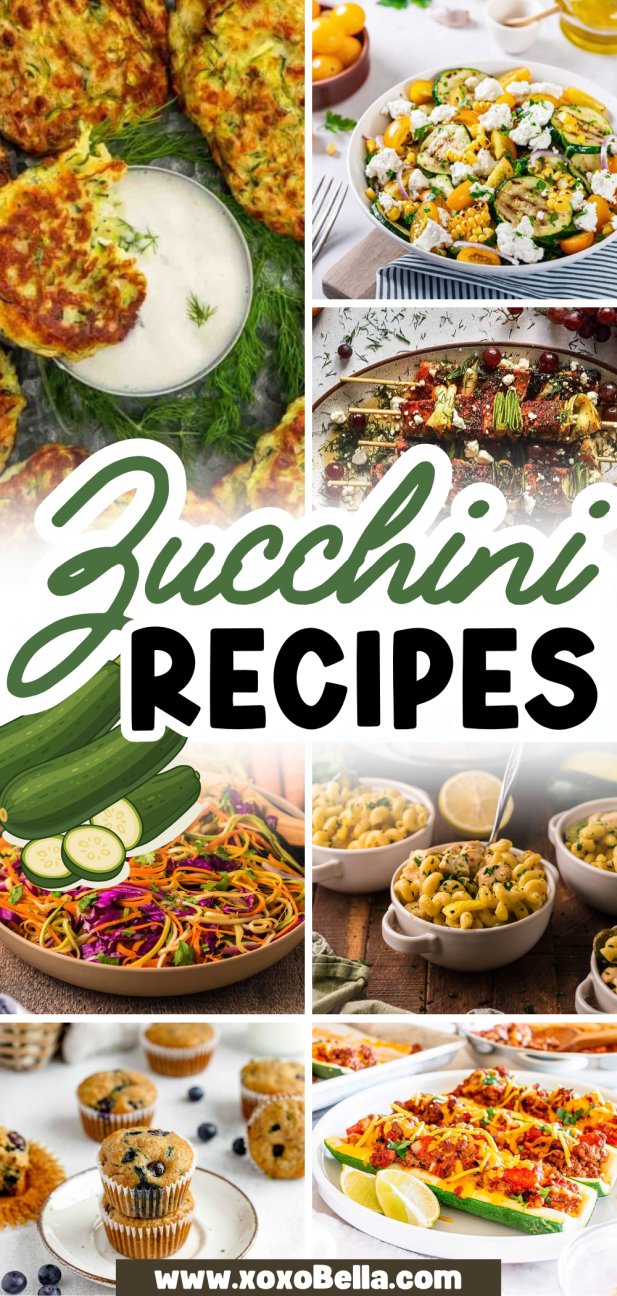 Collage of delicious zucchini recipes—fritters, pasta, muffins, salad, and a baked dish.