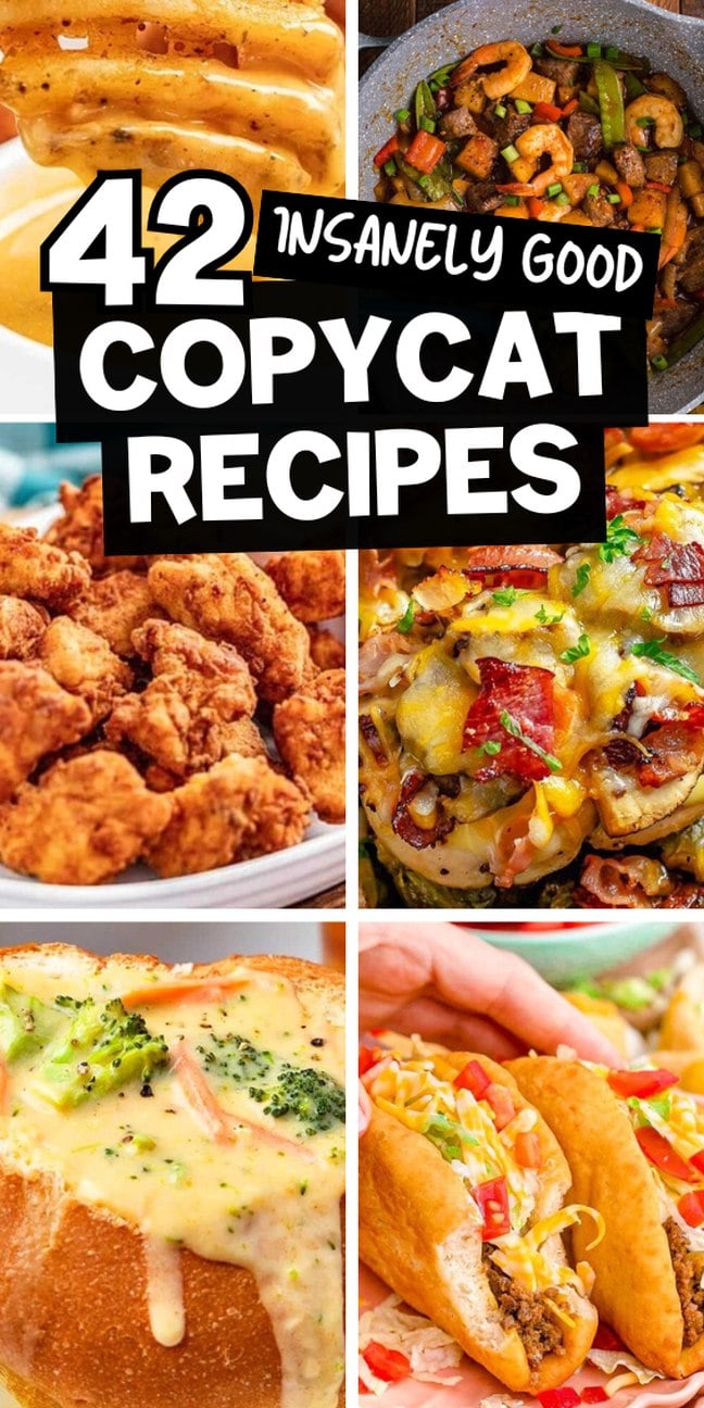 Collage of six dishes, including copycat recipes for waffles, stir-fry, fried chicken, cheesy bread bowl, tacos, and a loaded burger.