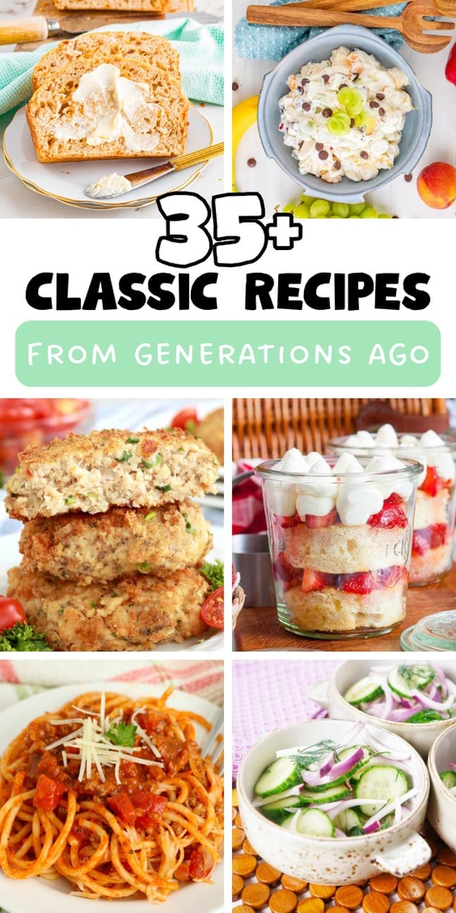 A collage of Old School Recipes features classic favorites like cake, fruit salad, crab cakes, strawberry shortcake, pasta, and cucumber salad.