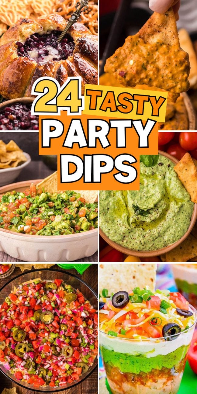 A collage of colorful party dips with chips and veggies.