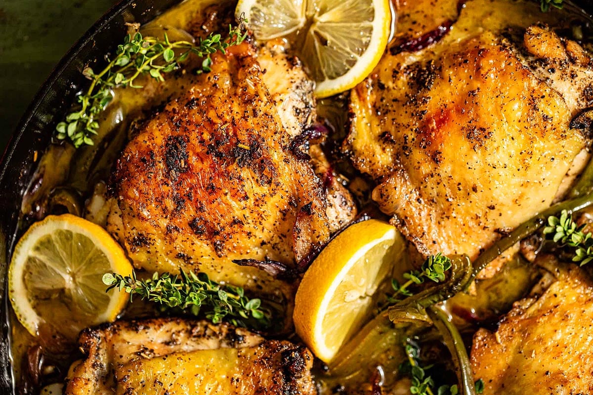 Easy Cast Iron Skillet Chicken Thighs.