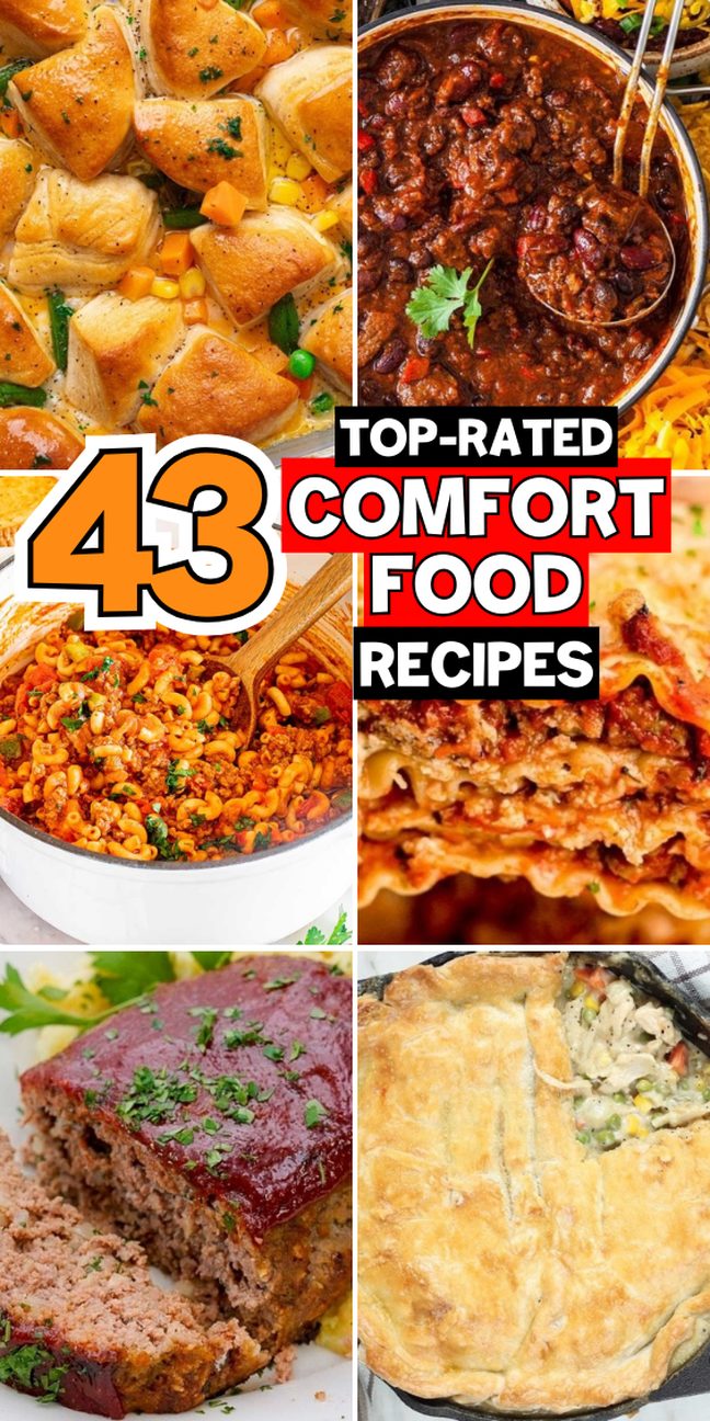 Collage of six hearty comfort food recipes, including chili, lasagna, pot pie, meatloaf, pasta, and rolls.