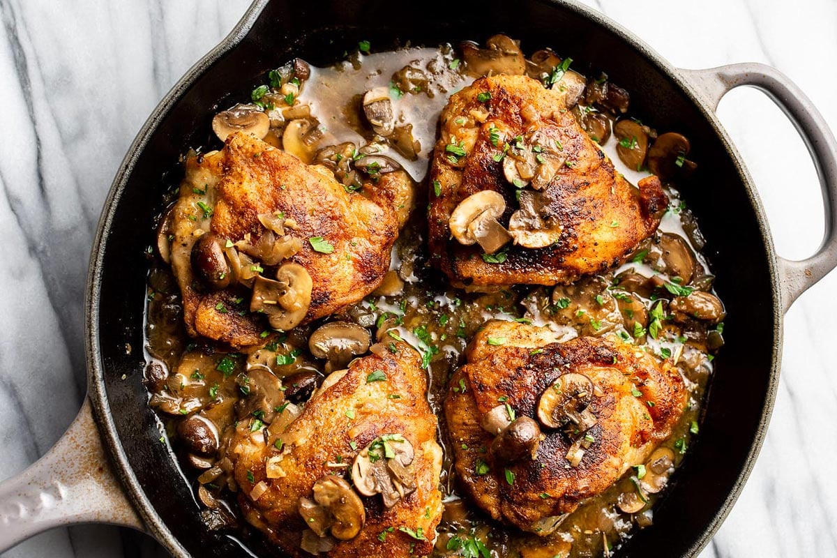 White Wine Mushroom Chicken Thighs.