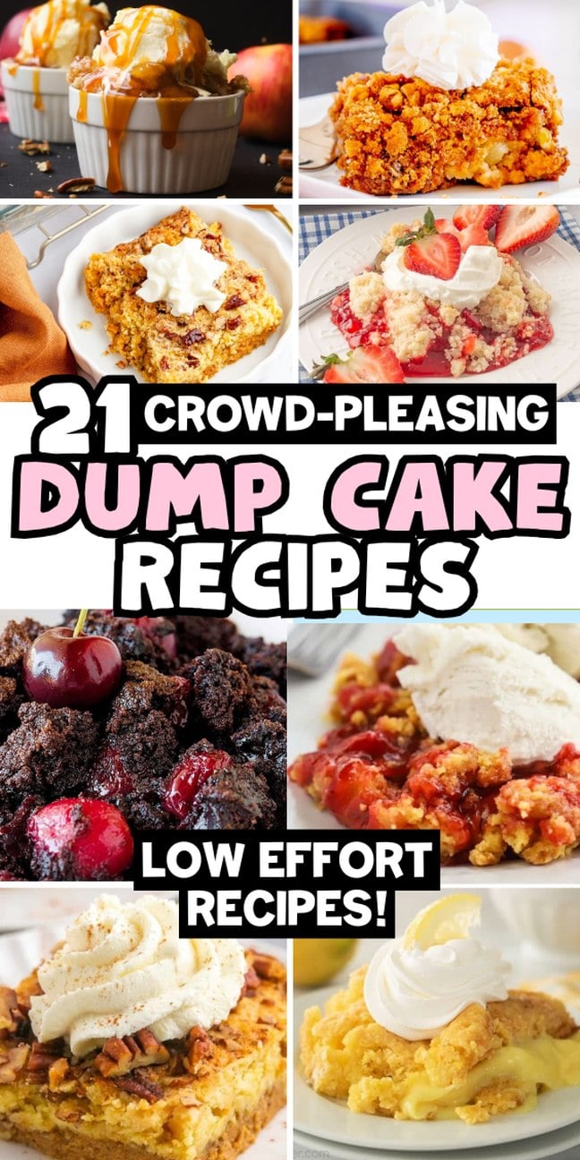 Collage of delicious dump cakes topped with whipped cream or fruit.