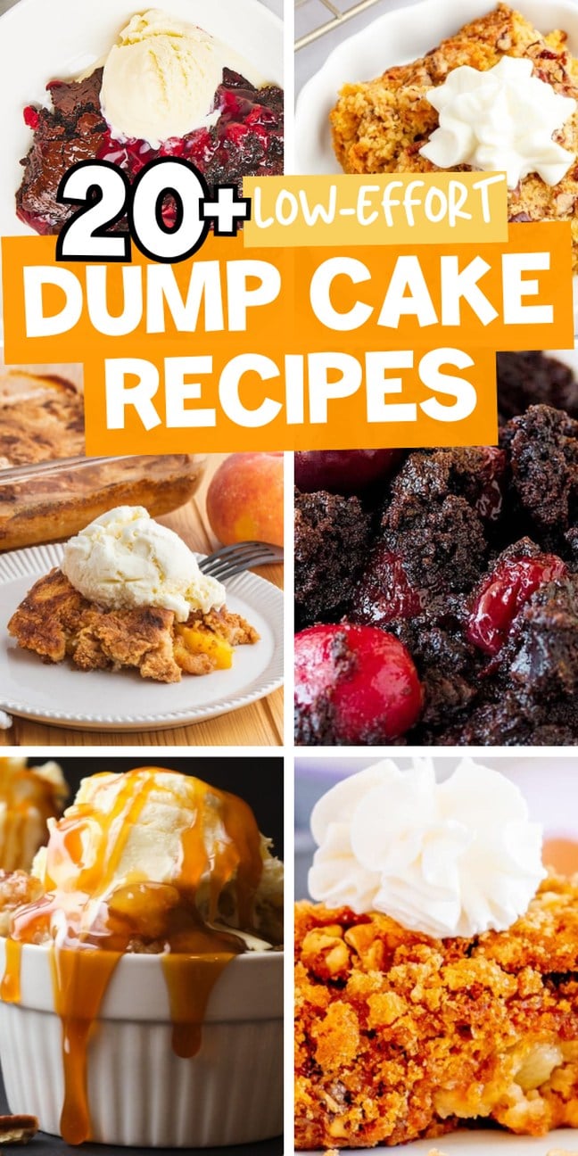 Collage of various dump cakes, some are topped with whipped cream or ice cream.
