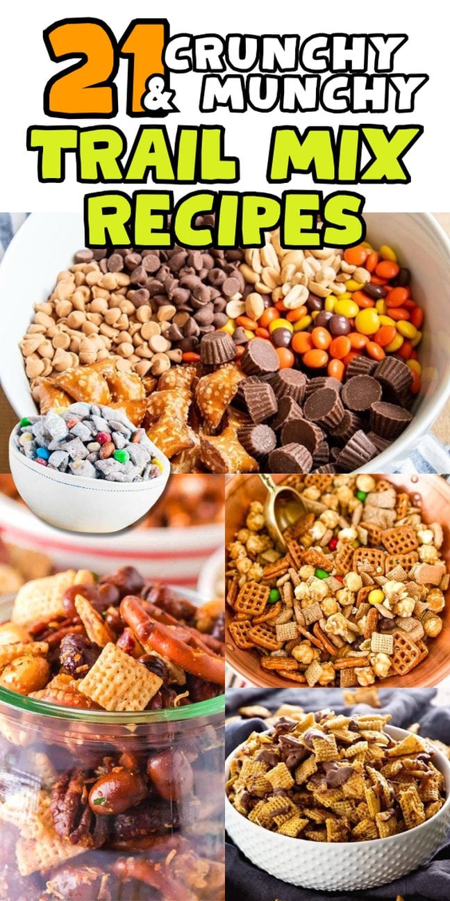 Collage of trail mix recipes featuring candies, nuts, and cereals.