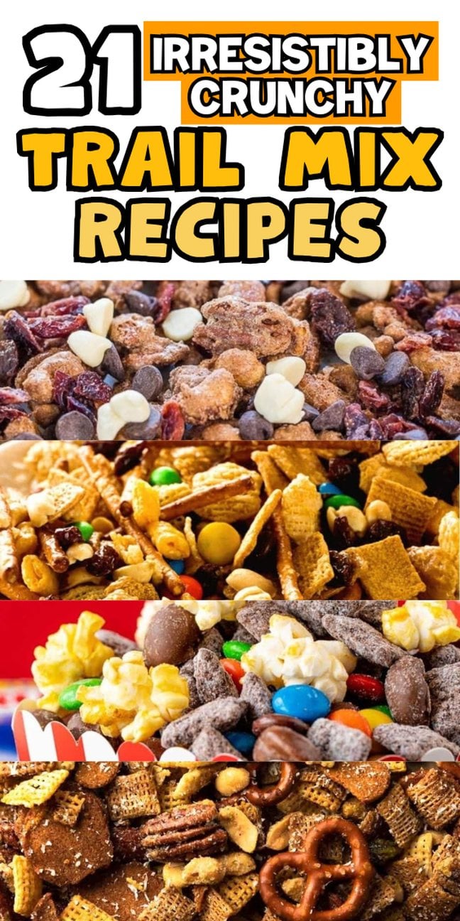 A vibrant collage of colorful, crunchy trail mix recipes featuring nuts, chocolate, popcorn, pretzels, and candies.