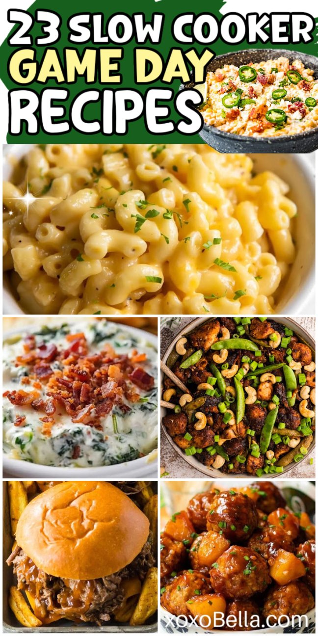 Collage of six mouthwatering slow cooker game day recipes: macaroni, spinach dip, stir fry, pulled pork sandwich, and saucy meatballs.