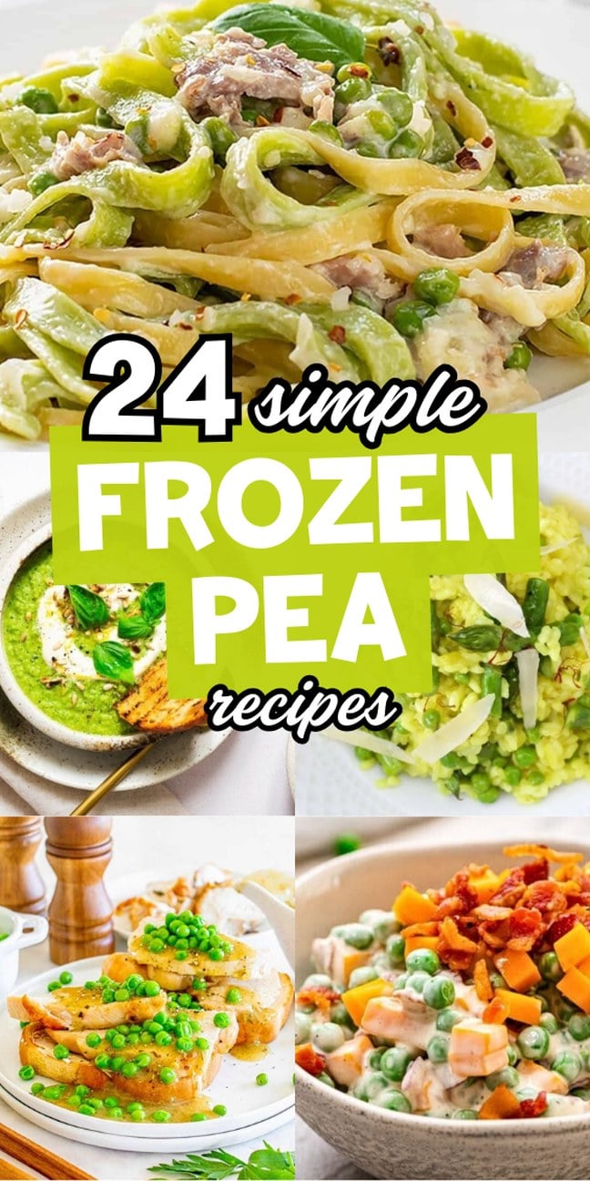 Collage of dishes made with frozen peas.