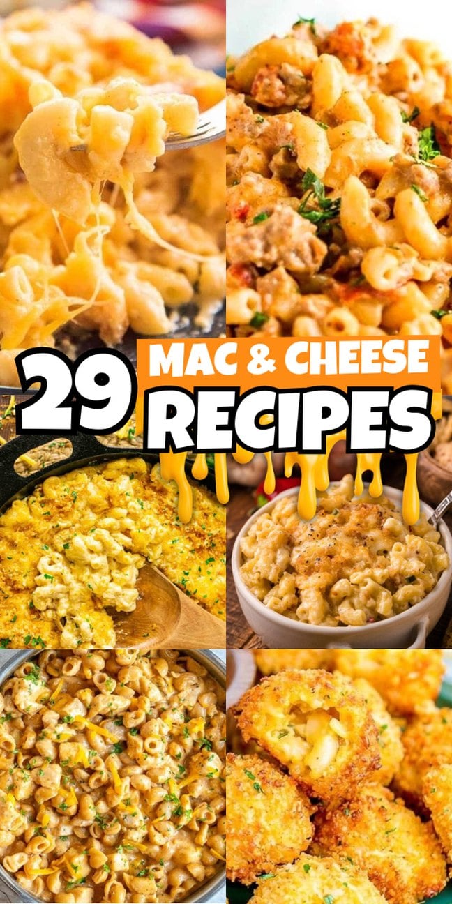 Collage of different mac and cheese dishes.