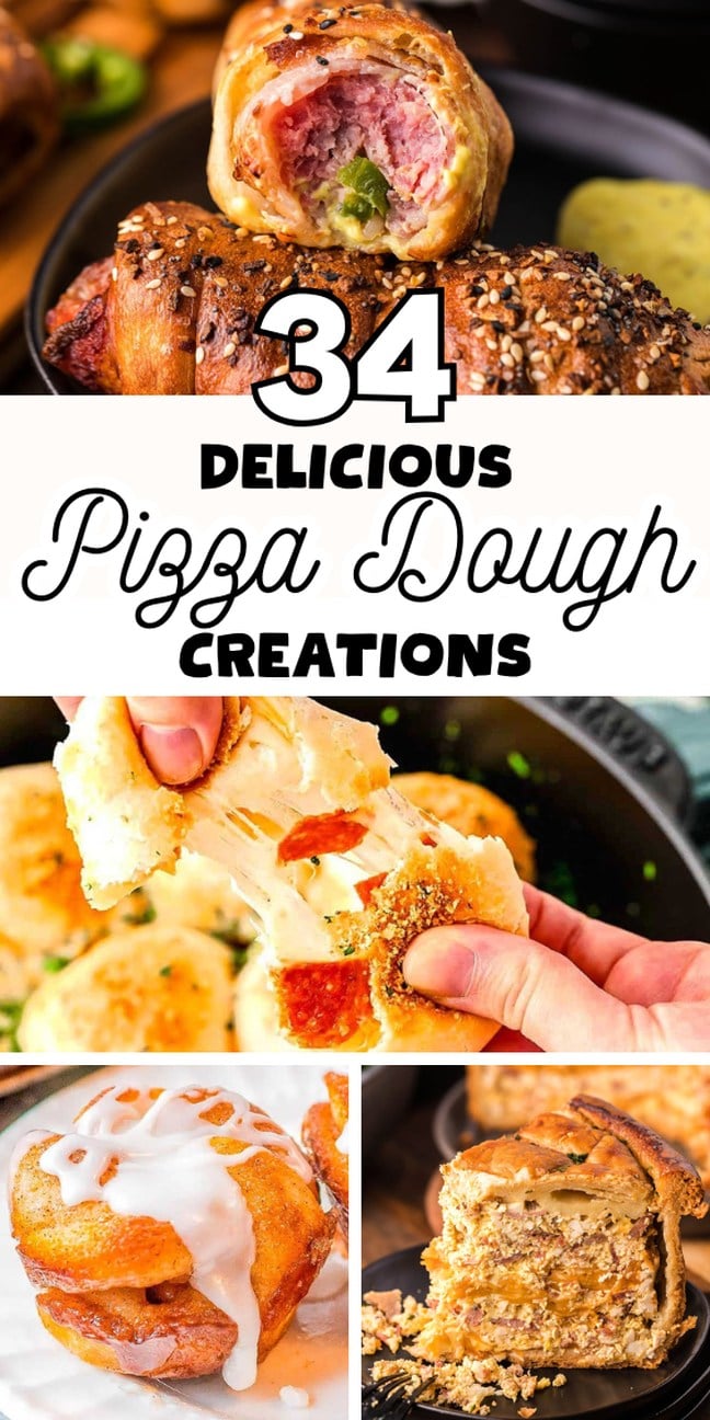 Collage of creative pizza dough recipes, featuring rolls, casseroles, stuffed bread, and baked pastry bites—all made with versatile pizza dough.