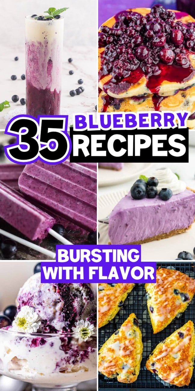 A collage of blueberry desserts, including cake, ice cream, cheesecake, bars, and scones.