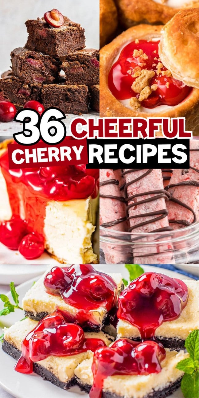 Collage of various cherry desserts, including brownies, cheesecake, pastries, and cookies.